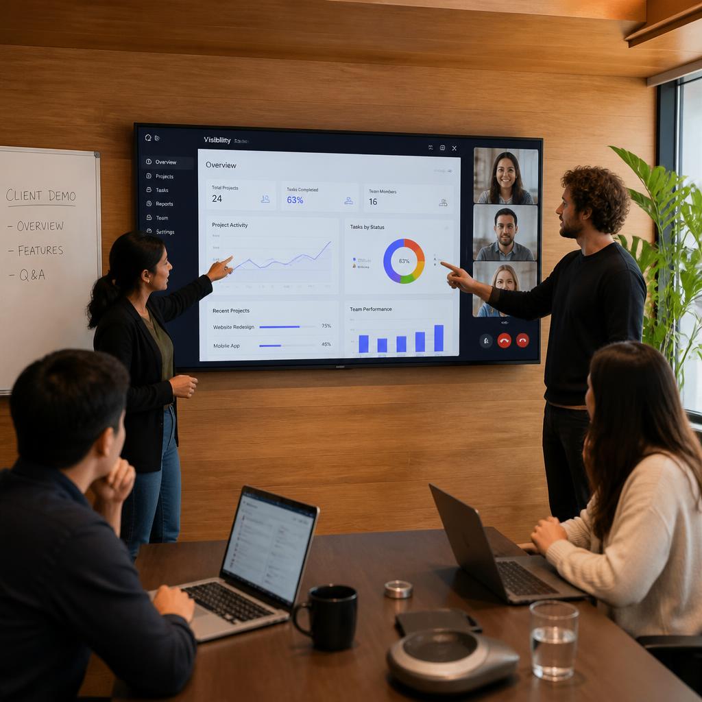 Inocode team presenting a live product demo to a client on a large screen