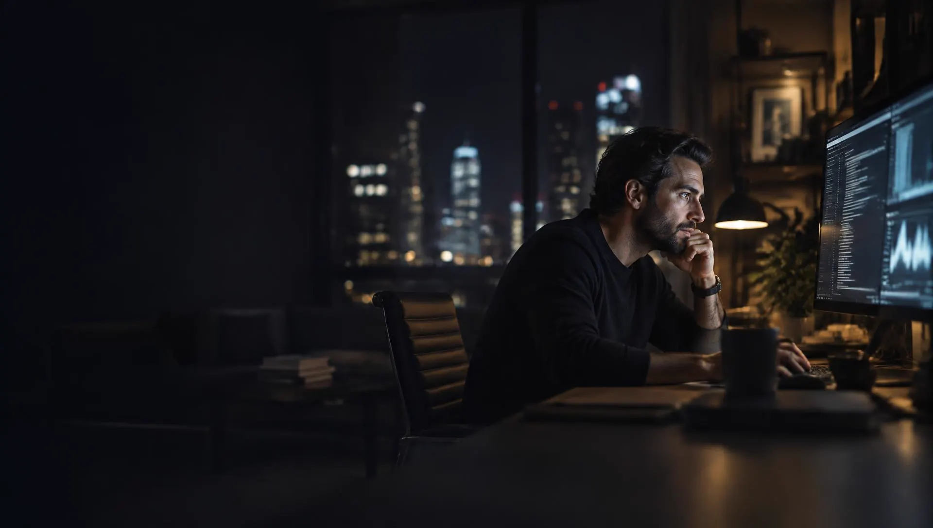 A founder reviewing a smart contract dashboard late at night