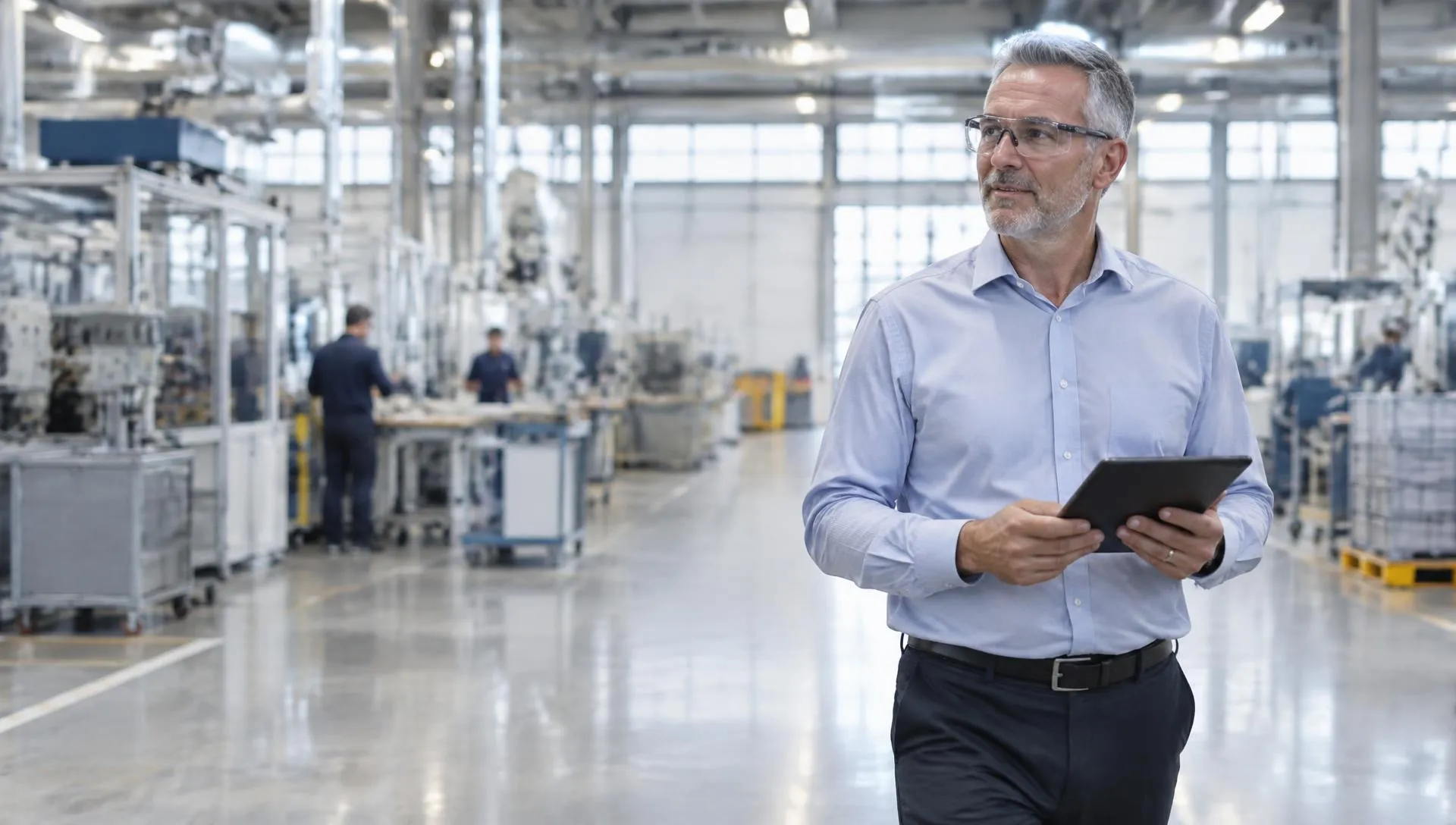 A plant manager walking a manufacturing floor with a tablet