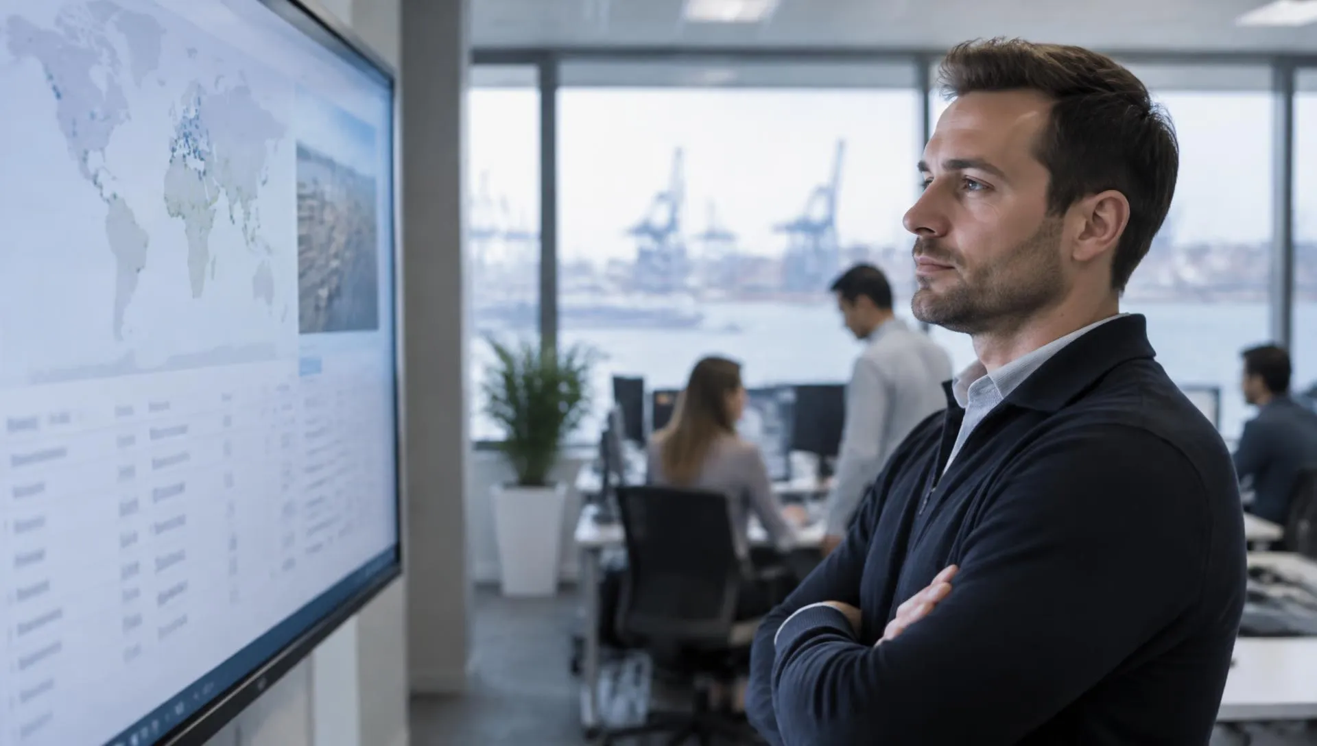 An operations manager reviewing a clean dashboard in a logistics office