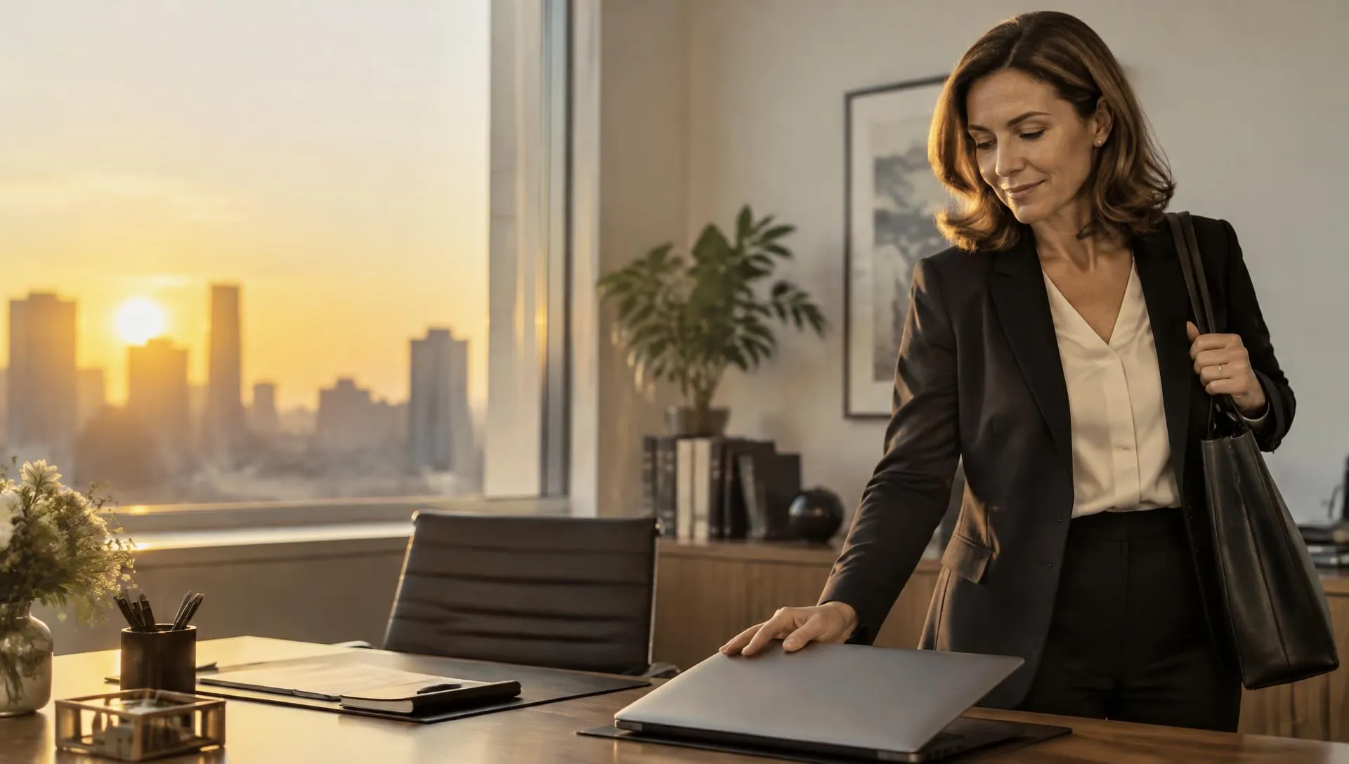 A finance director closing her laptop at the end of a calm workday