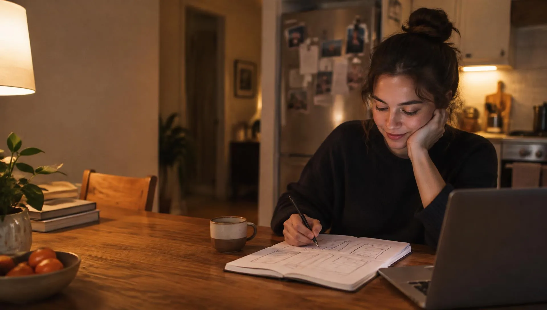 A first-time founder sketching app screens at her kitchen table