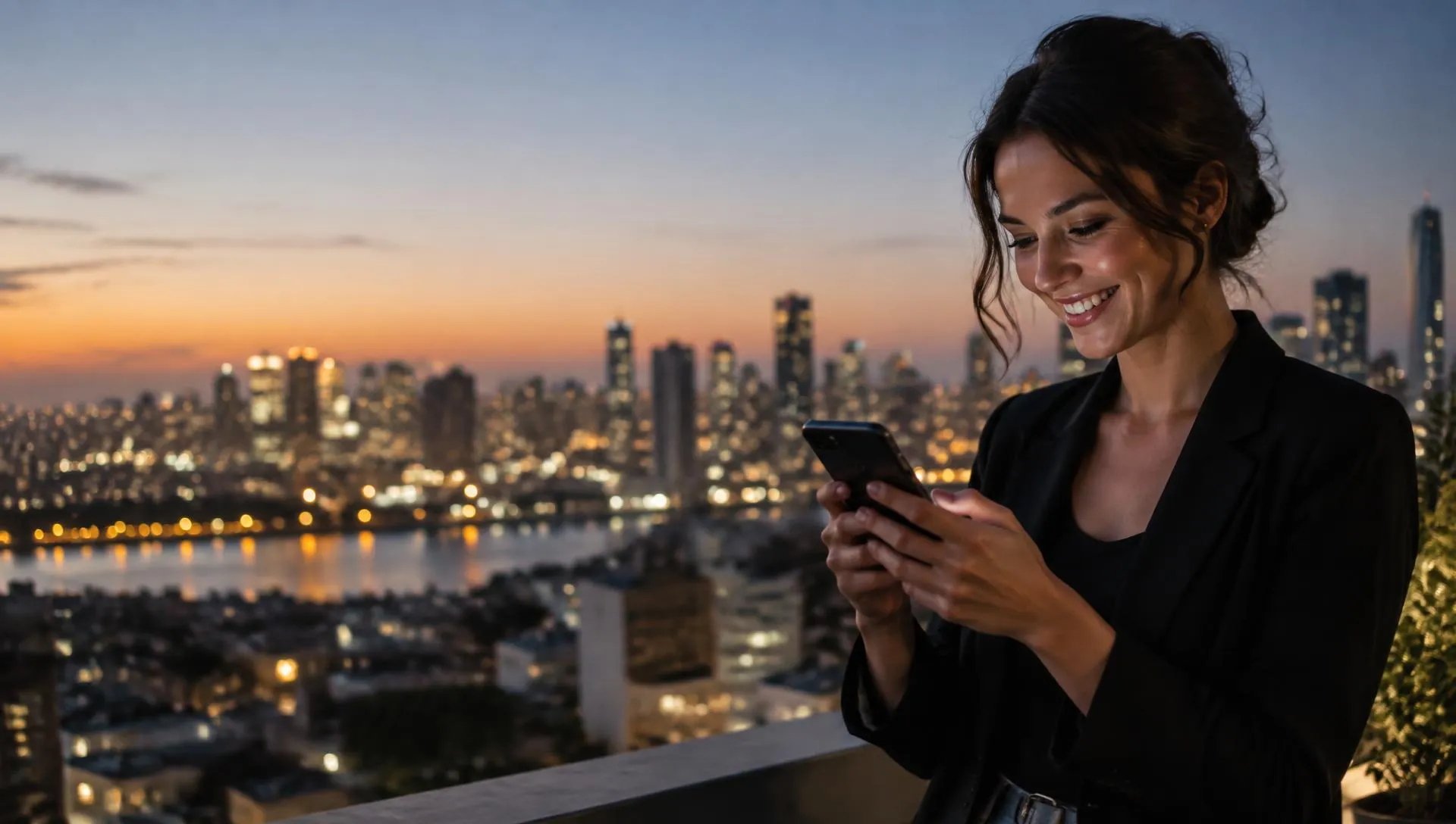 A founder smiling at her phone on a rooftop at dusk