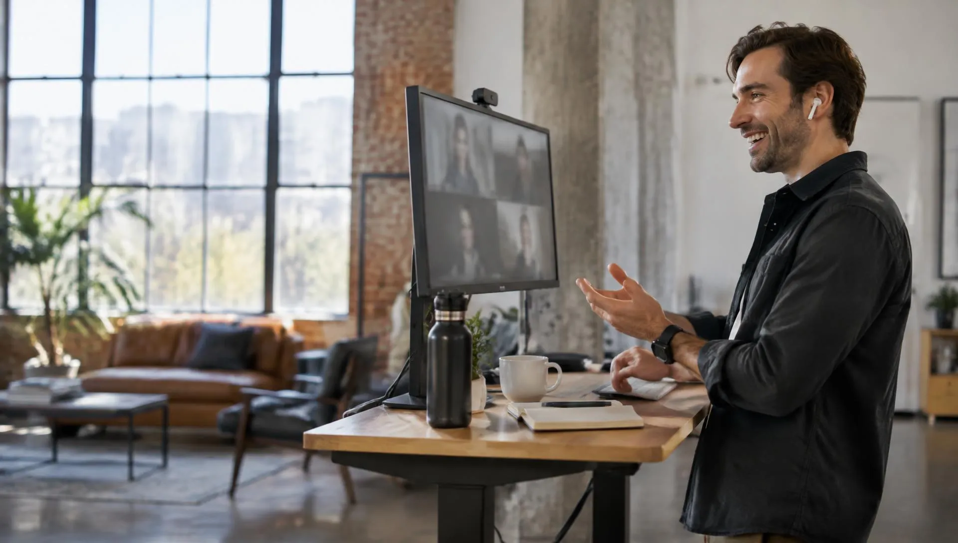 A SaaS founder laughing on a video call at a standing desk