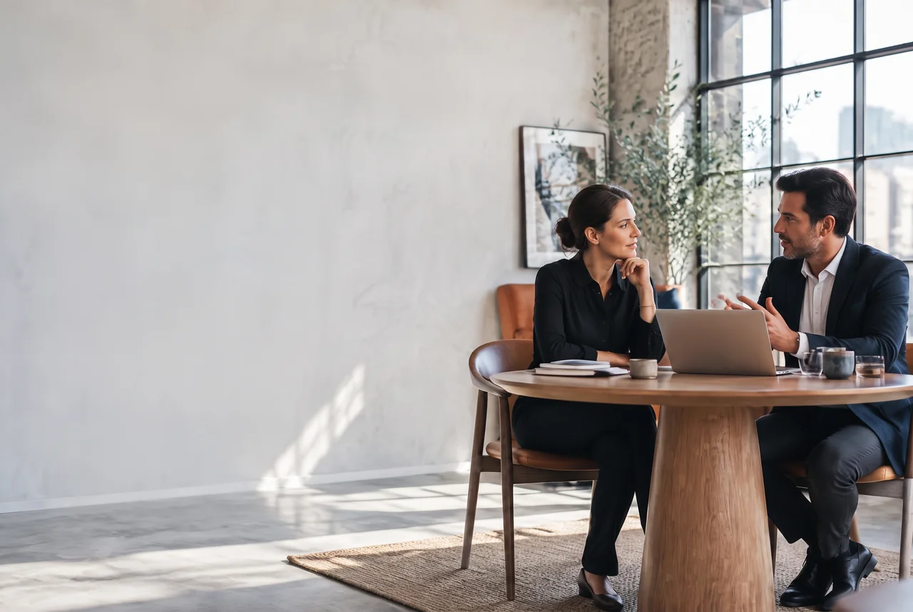 Two professionals discussing a decision at a table; illustrative editorial photograph