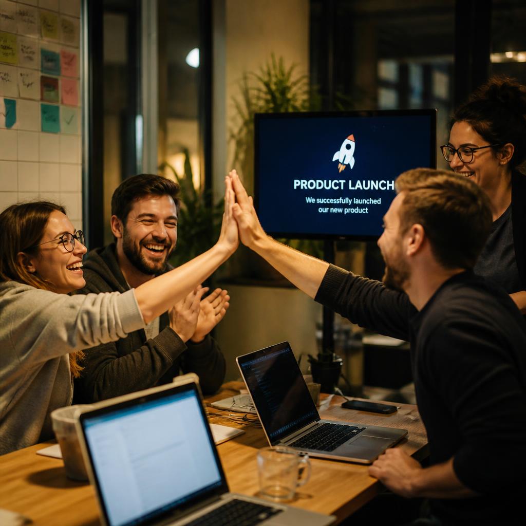 Inocode team celebrating a successful product launch in the office