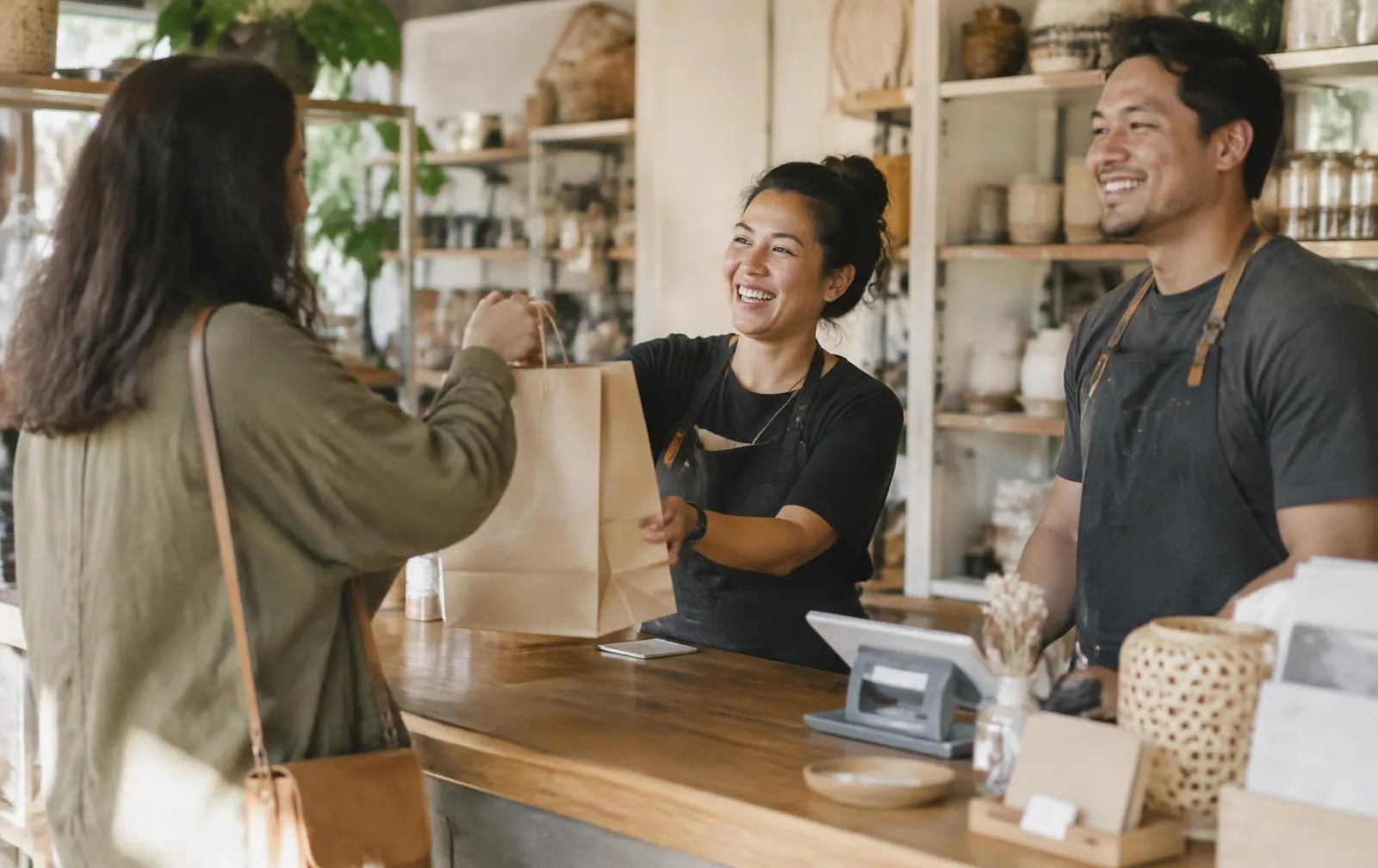 Shop staff smiling while serving a customer at the counter