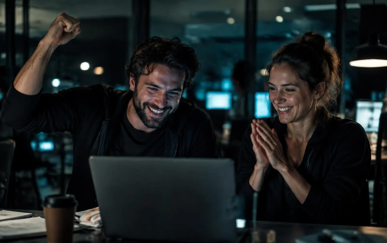 Two founders celebrating a successful launch late at night