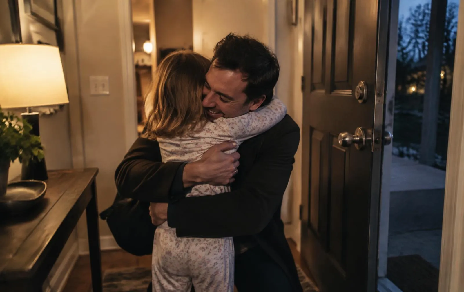 A parent arriving home and hugging his daughter