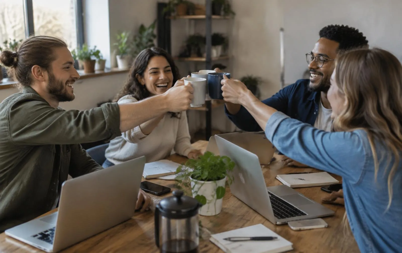 A small startup team toasting with coffee mugs