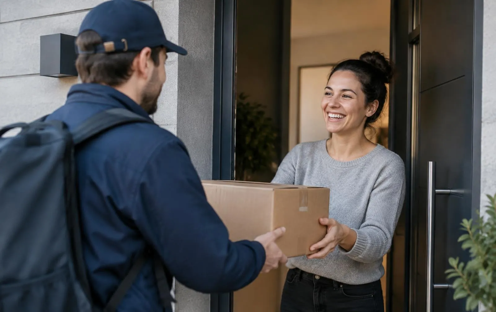 A customer happily receiving a delivered parcel at her door