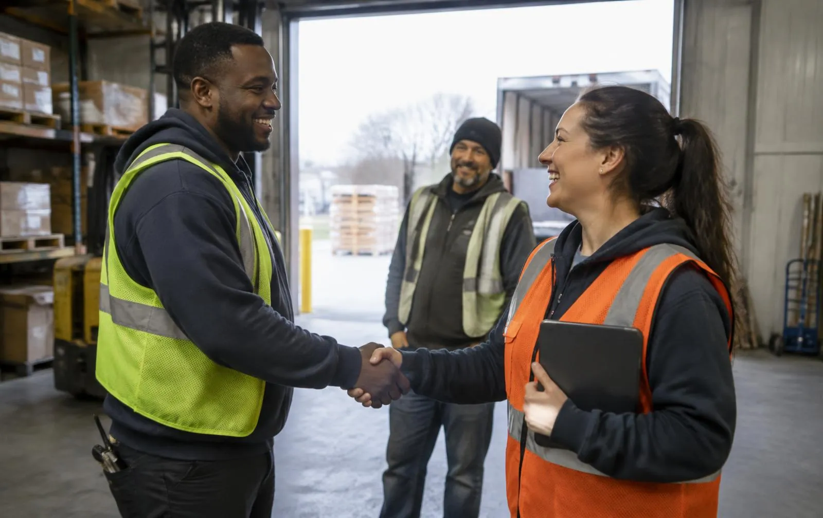 Warehouse team members shaking hands at the end of a shift