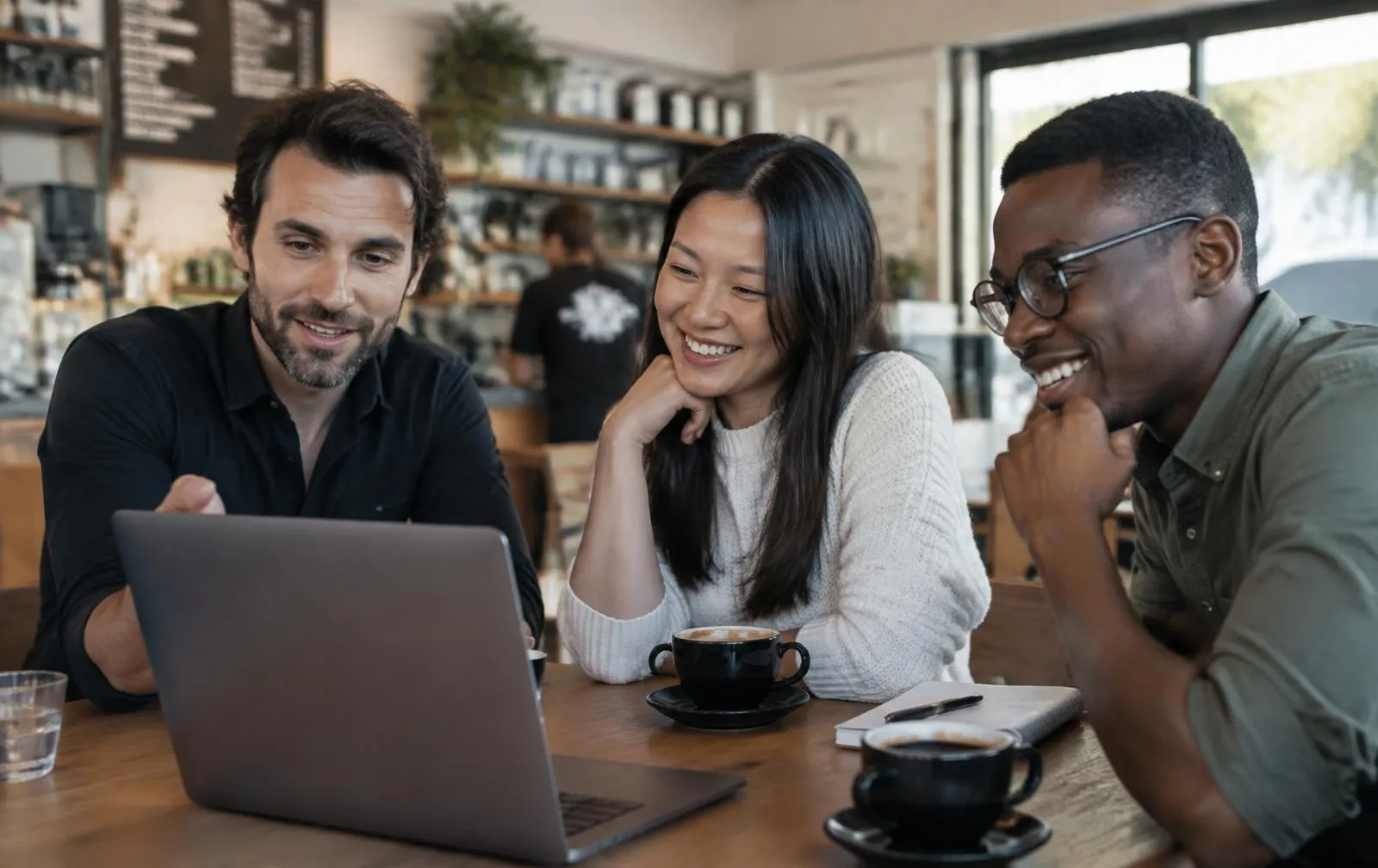 A founder showing a product to two interested people in a cafe