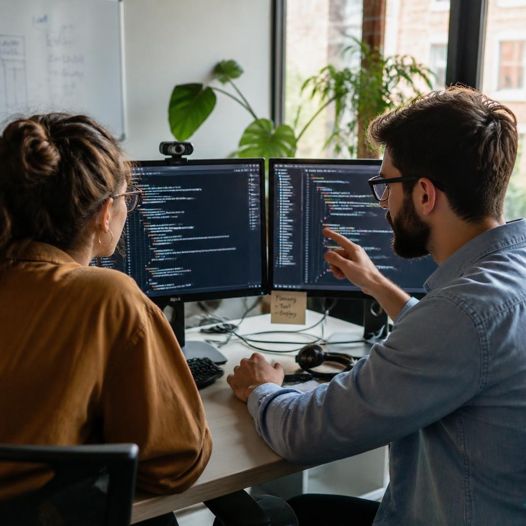 Two Inocode developers pair programming at a desk with code on dual monitors